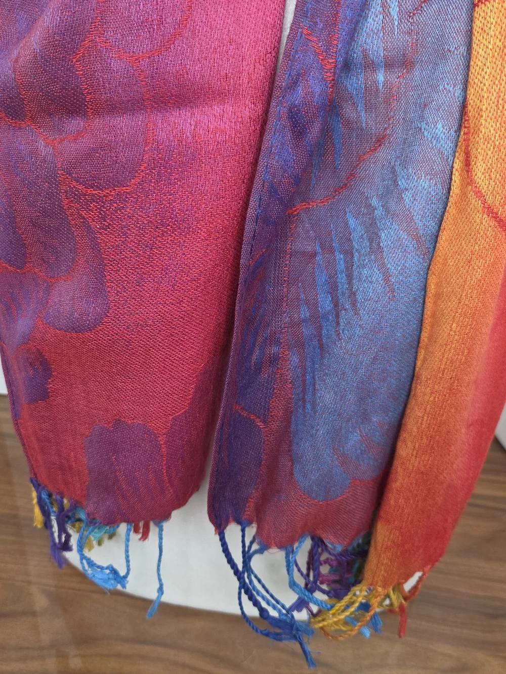 Pashmina Silk Sunset-toned Jacquard Weave W/contrasting Fringe 25x68